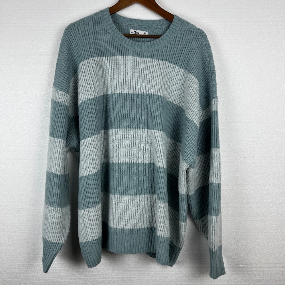 Hollister Crew Neck Long Sleeve Pullover Sweater Mens XL Teal Stripe Oversized‎